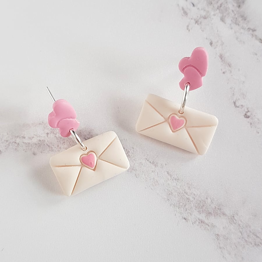 Mini double hearts and love letter earrings, red or pink