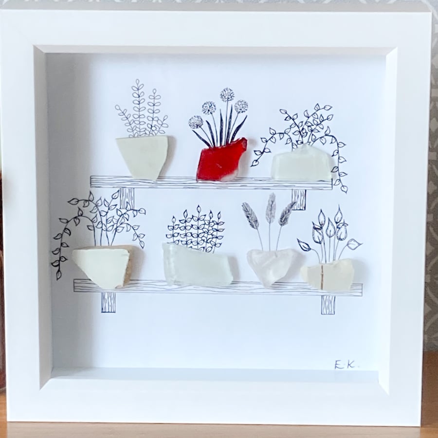 Framed sea glass plant pot art, handmade in Cornwall 