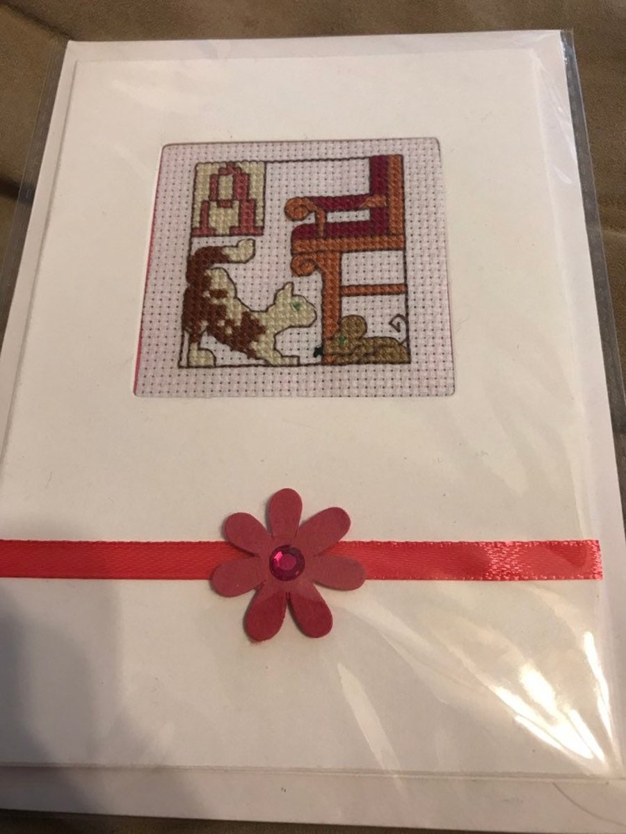 Cross stitched letter A card, any occasion Cross Stitched card