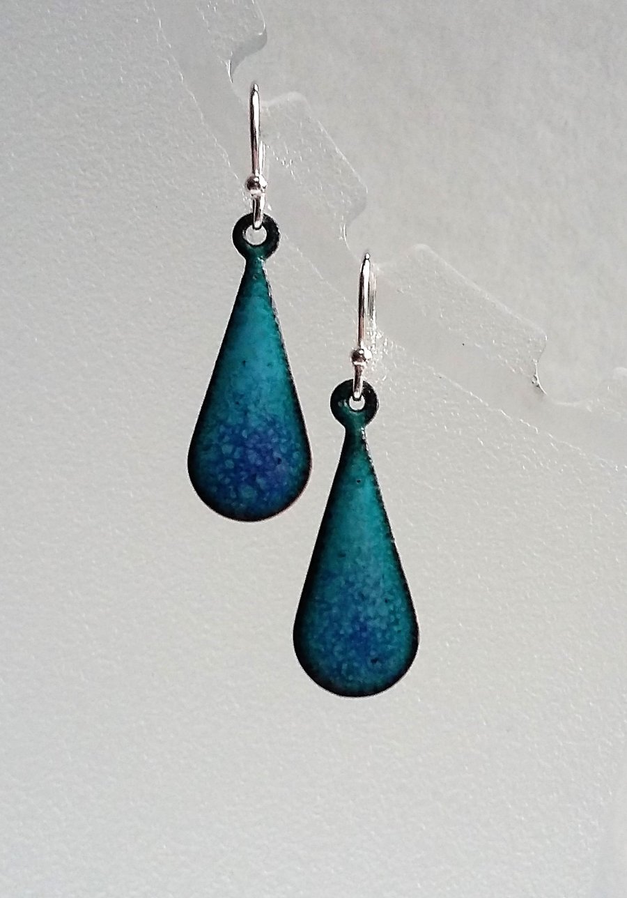 Teardrop earrings in blue enamel on copper 151