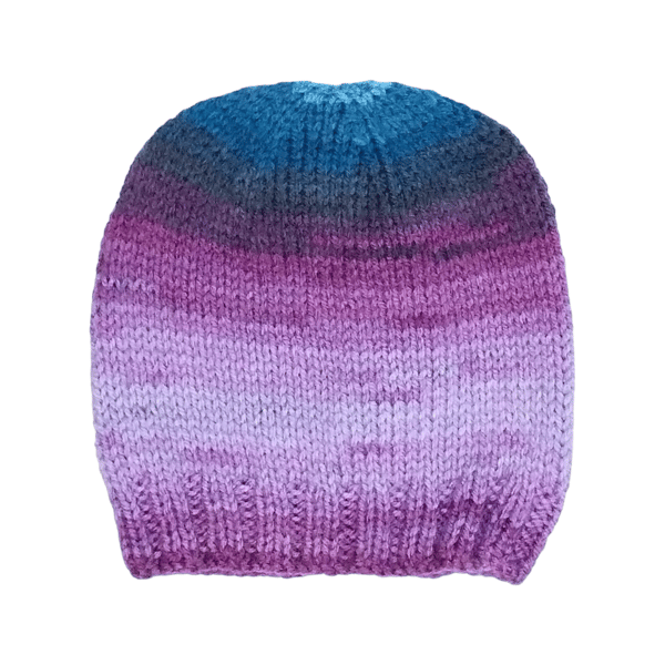 Hand Knitted Baby Hat in Purple and Blue Self-Striping Yarn, Beanie for Winter