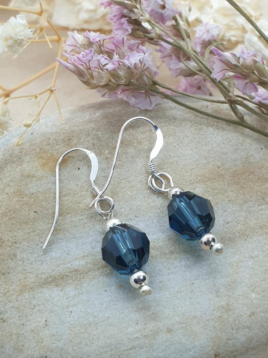 sterling silver earrings with beautiful indigo blue swarovski crystals