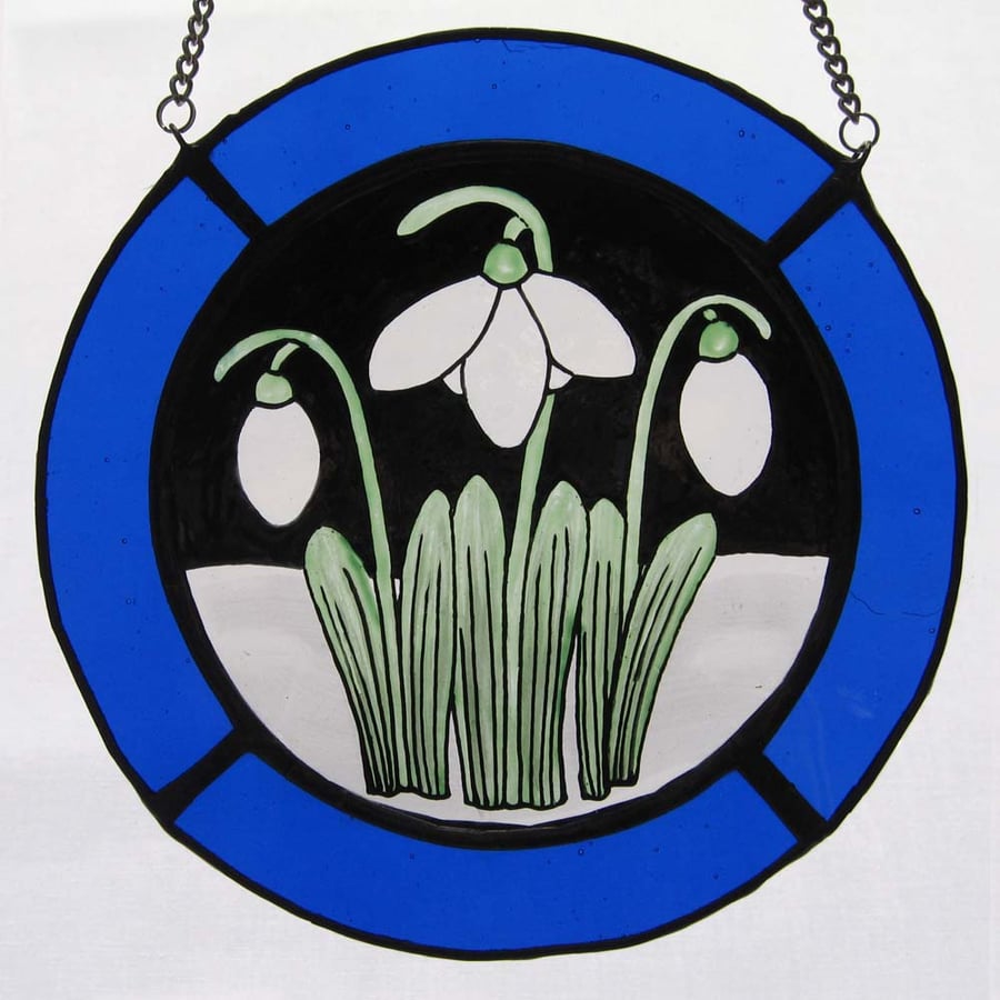 Snowdrop Stained Glass Roundel - Royal Blue Surround