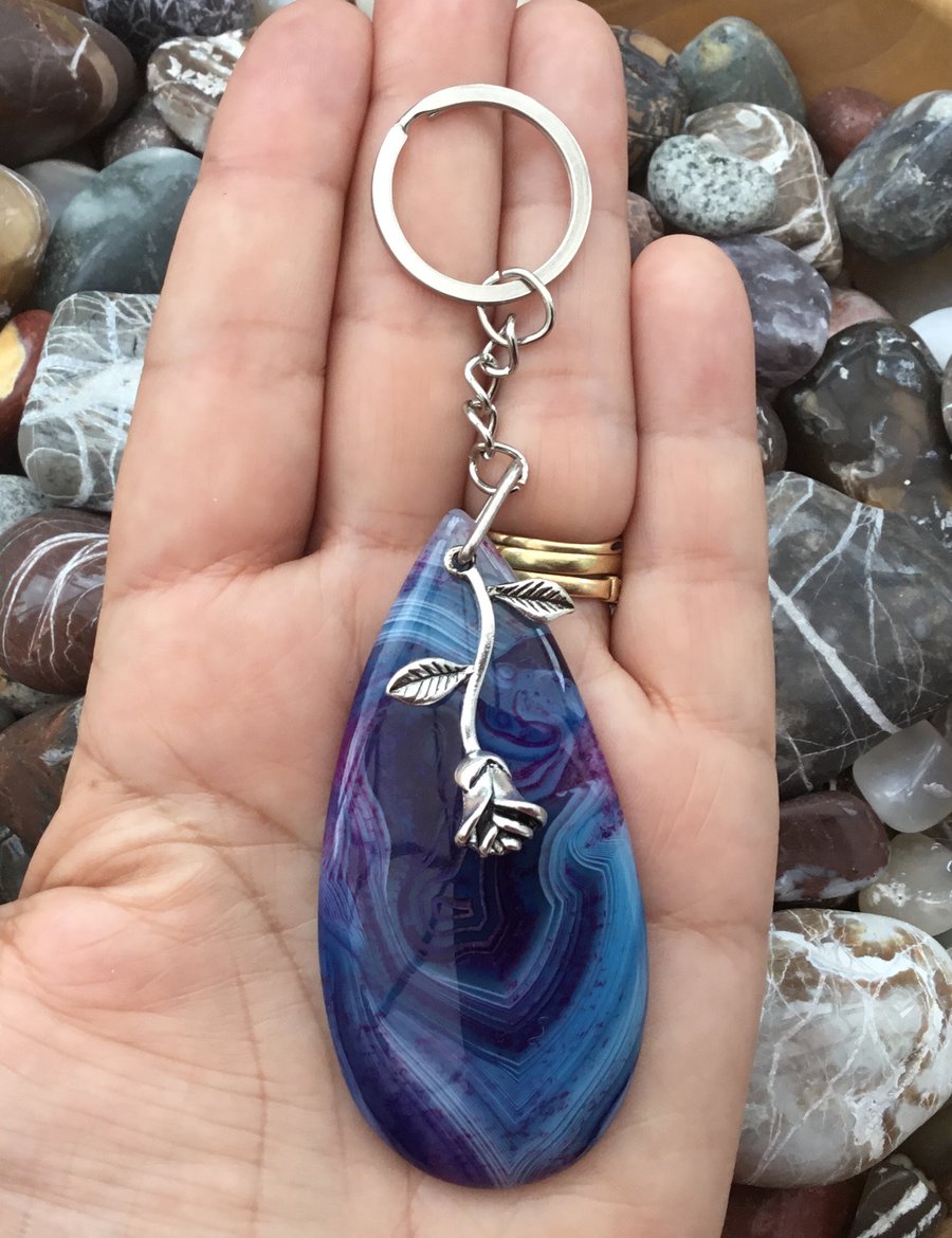 Interstellar Rose!  Beautiful Banded Agate & Rose Charm Keyring or Handbag Charm
