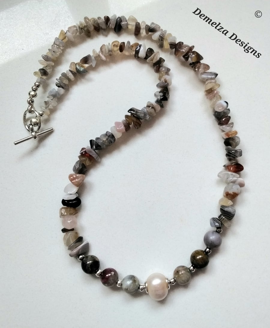 Botswan Agate & Baroque Freshwater Pearl Necklace 'ONE OFF'