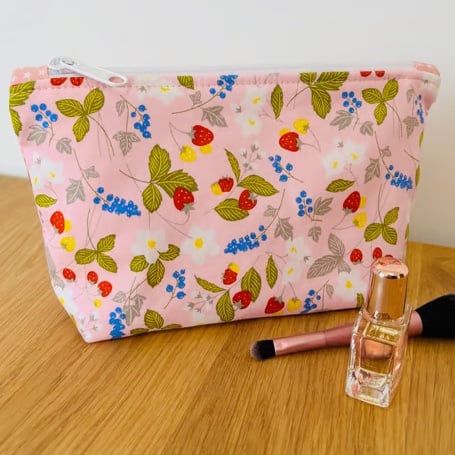 Make up bag, small toiletry bag, water resistant lining, pink floral pattern