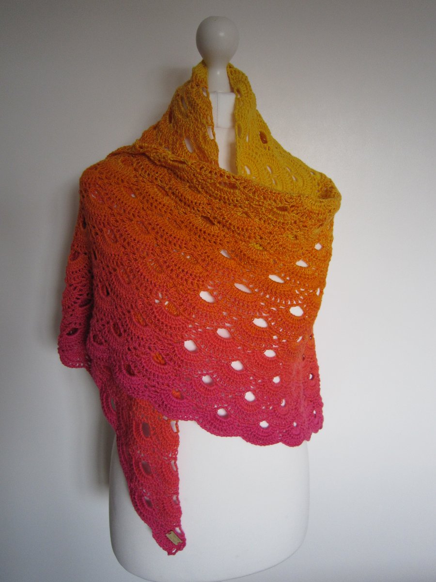 Ladies Hand Crochet Yellow, Orange and Cerise Shawl, Summer Shawl, Ladies Gift
