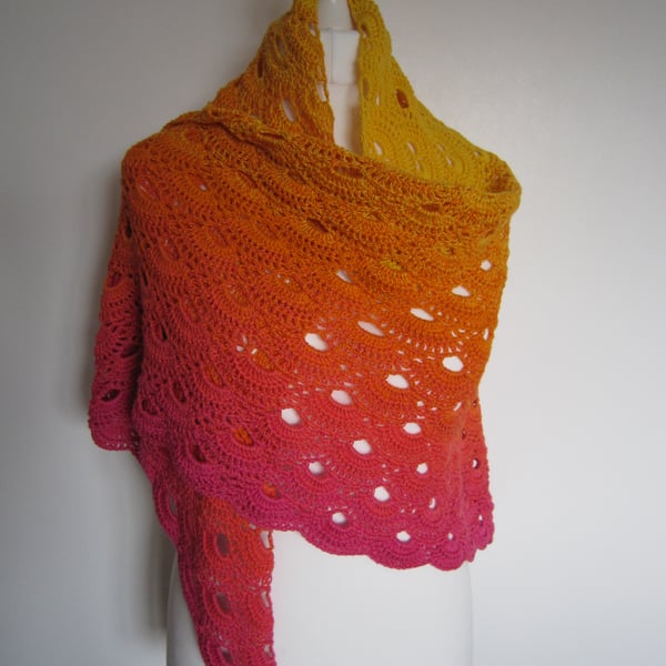 Pink shawl, orange shawl, crochet shawl, ladies shawl