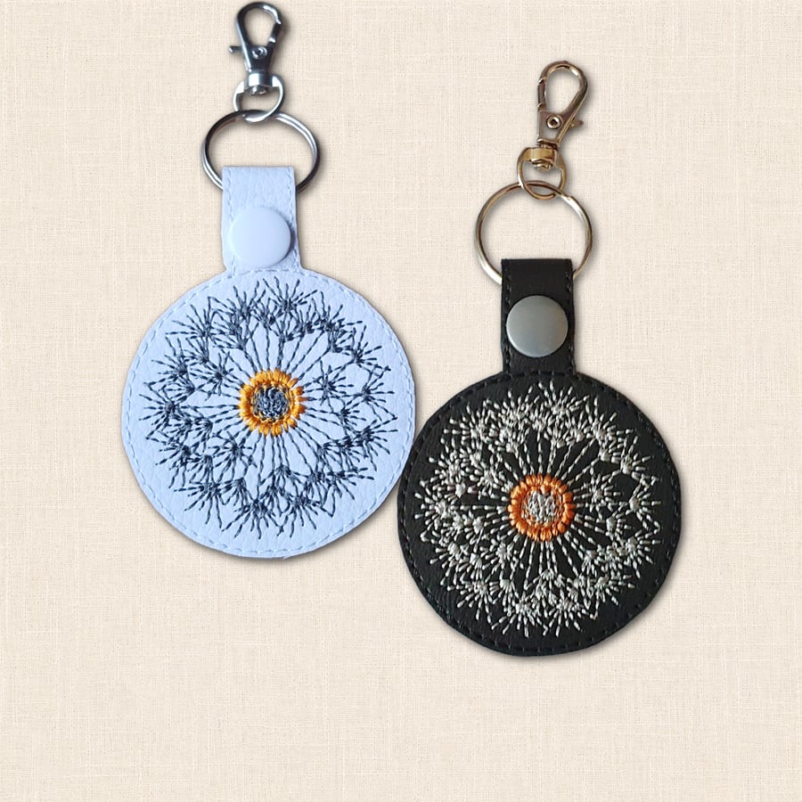 Dandelion Clock Keyring - Embroidered Faux Leather Floral Bag Charm