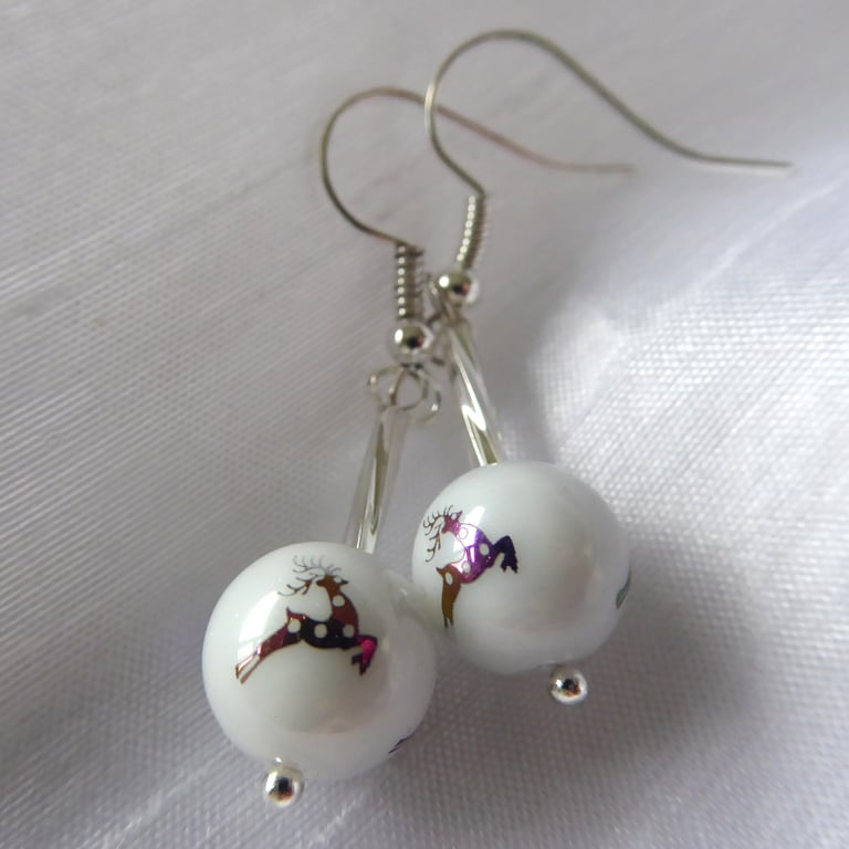 Christmas Bauble Multi colour Leaping Reindeer Earrings 