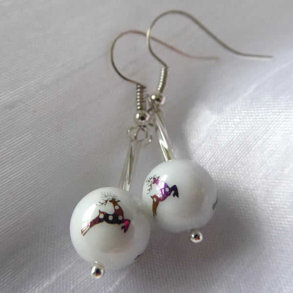 Christmas Bauble Multi colour Leaping Reindeer Earrings 