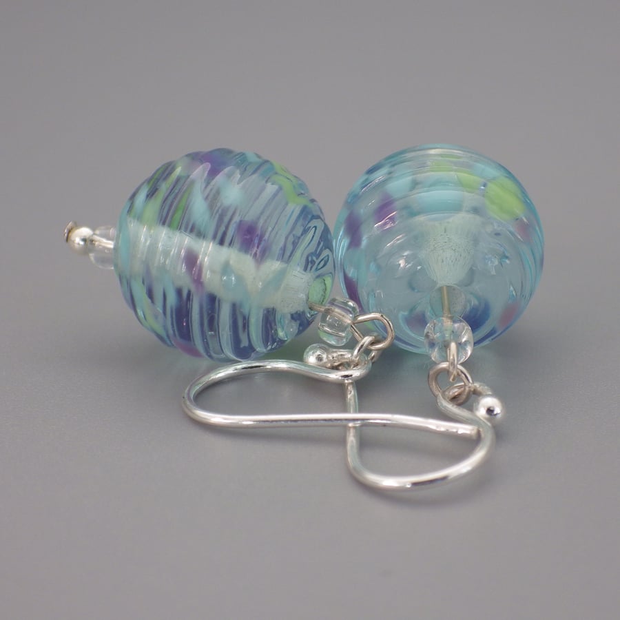 Clear fritty ribbed UK lampwork glass bead earrings