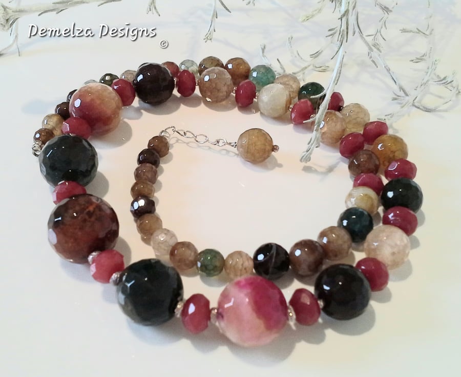 Genuine AA Grade Faceted Carnelian & Agate Sterling Silver Necklace