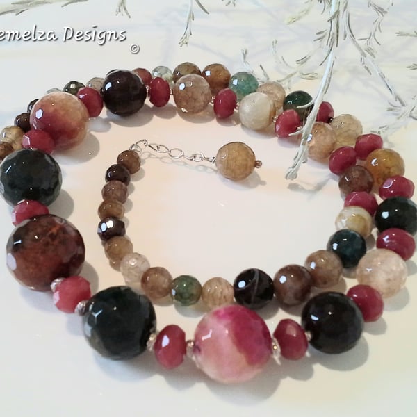 Genuine AA Grade Faceted Carnelian & Agate Sterling Silver Necklace