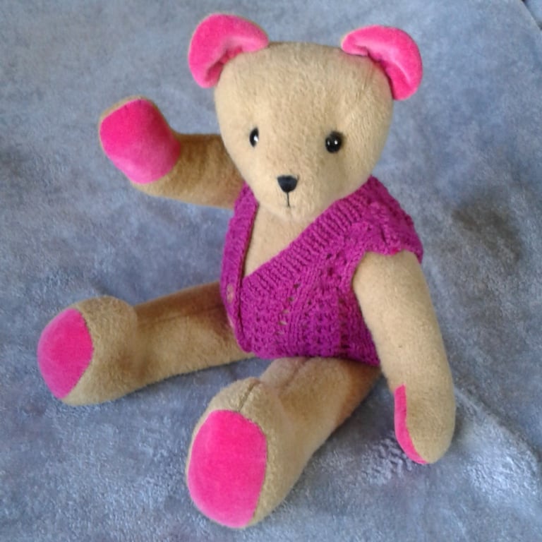 Bear 'Crumble' a 15" cotton fleece cutie with velvet paws and knitted waistcoat