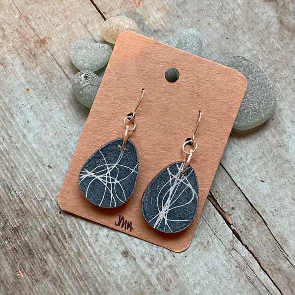 Egg shape wooden print drop earrings handmade