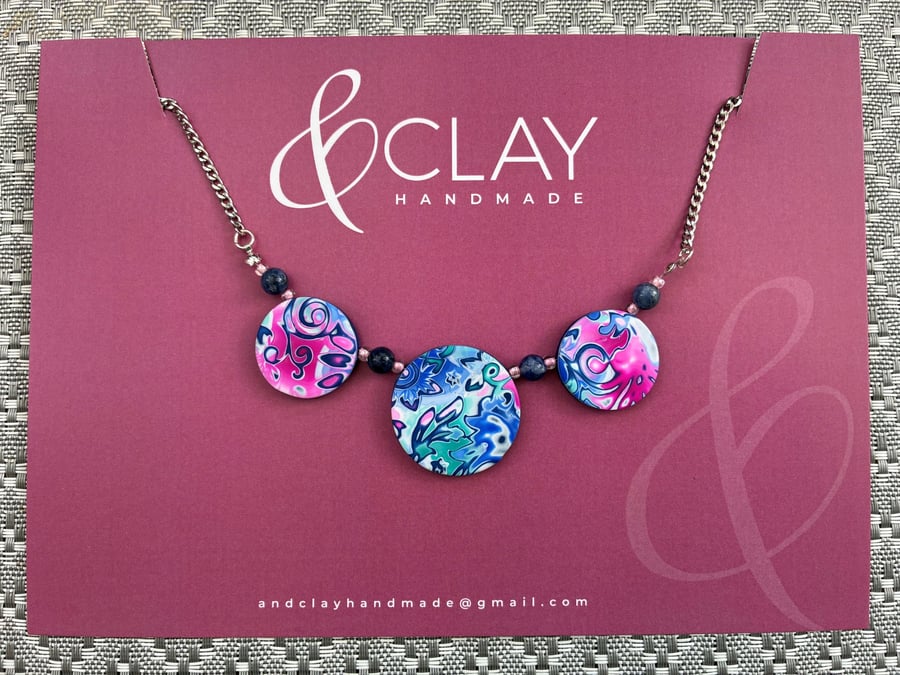 Summer Blue, Pink, Turquoise and White Mokume Gane Magnetic Clasp Necklace