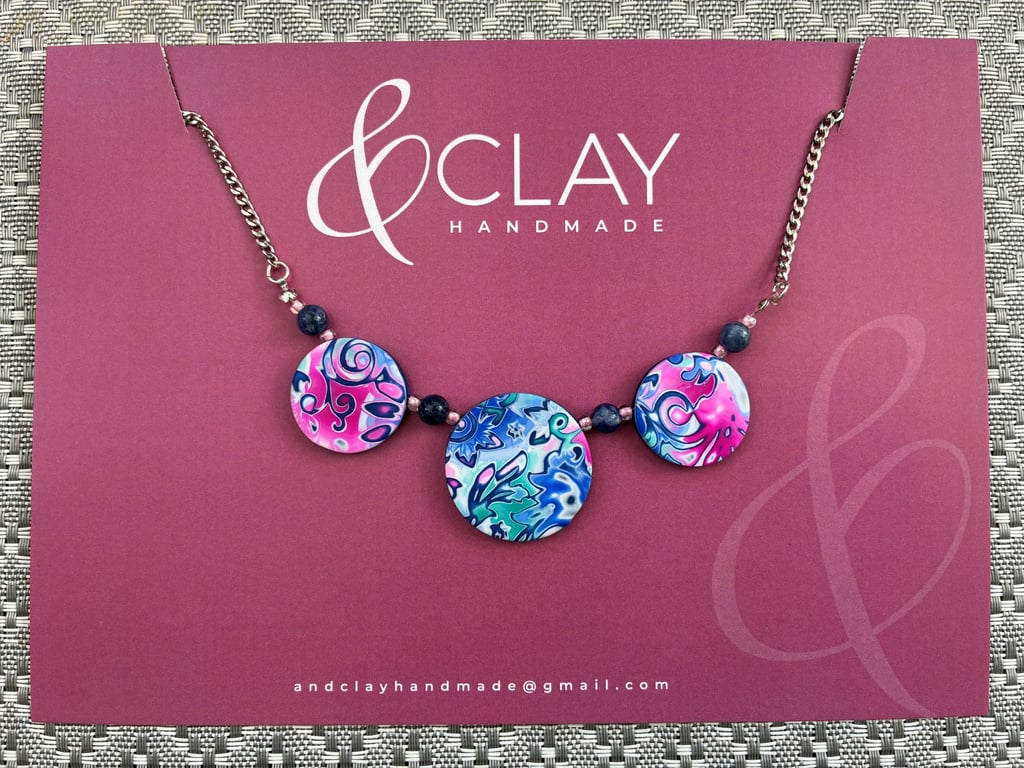 Summer Blue, Pink, Turquoise and White Mokume Gane Magnetic Clasp Necklace