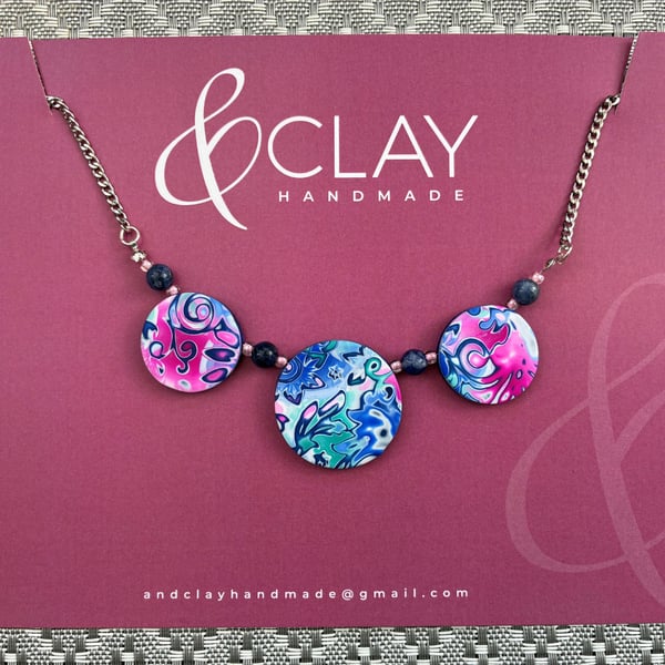 Summer Blue, Pink, Turquoise and White Mokume Gane Magnetic Clasp Necklace