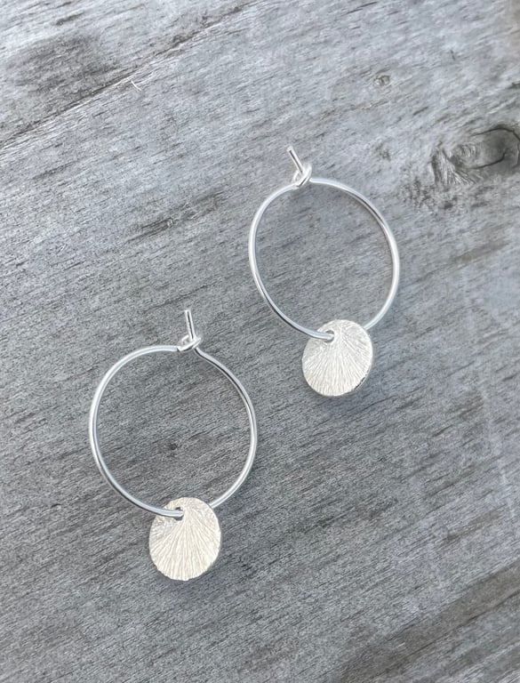 Etched Disc Sterling Silver Hoop Earrings with Circular Disc Charms