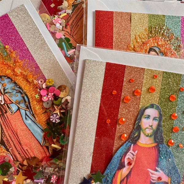 Handmade Kitsch Religious Card – Jesus or Virgin Mary Glitter Card