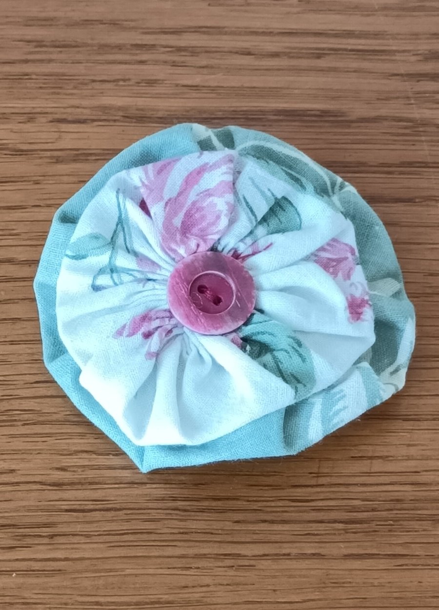 Fabric Button Brooch - green and rose - hand stitched