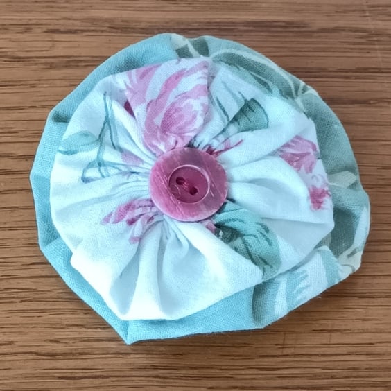 Fabric Button Brooch - green and rose - hand stitched
