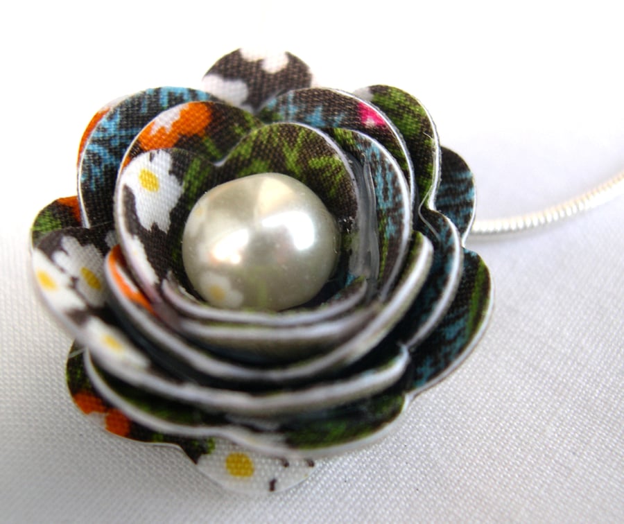 Hardened Fabric Woodland Print Rose Necklace silver plated