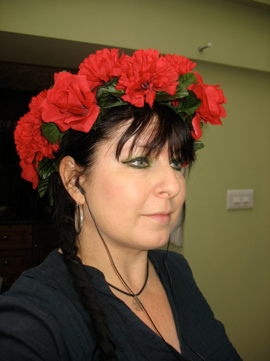 Pretty bright red carnation and rose headdress headband