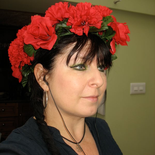 Pretty bright red carnation and rose headdress headband