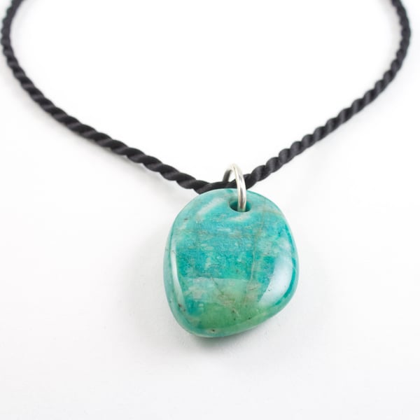 Russian Amazonite Pendant on Black Twisted Satin Cord with Sterling Silver Clasp