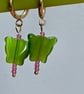 Green cat's eye huggie butterfly hoops pink toho beads gold tone - Image 6