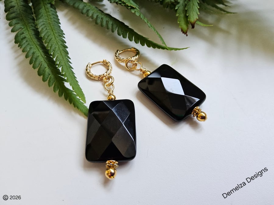 Black Onyx Gold Plate Huggie Earrings