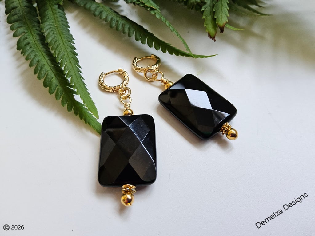 Black Onyx Gold Plate Huggie Earrings