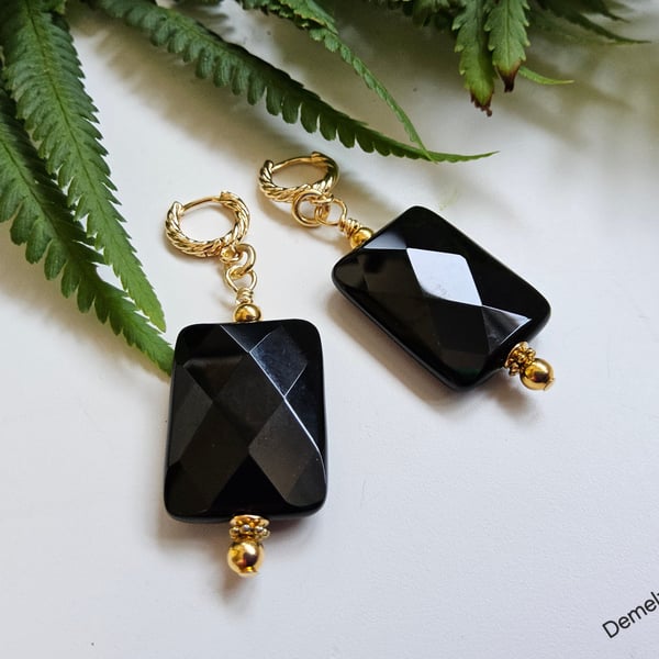 Black Onyx Gold Plate Huggie Earrings