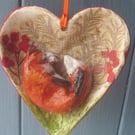 Snoozing fox heart shaped paper mache decoration