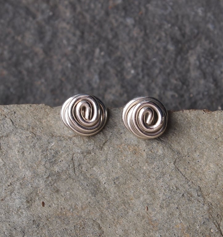 Small silver spiral twist stud earrings, recycled silver studs for everyday wear