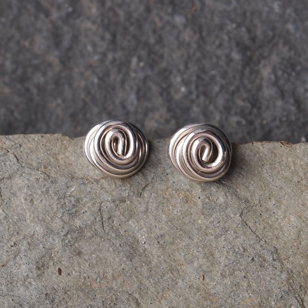 Small silver spiral twist stud earrings, recycled silver studs for everyday wear