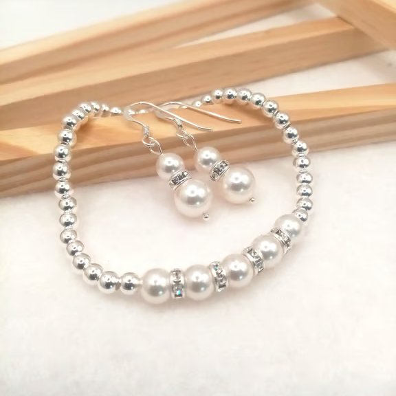 White Pearl & Crystal Drop Earrings with Sterling Silver Bead Bracelet Set