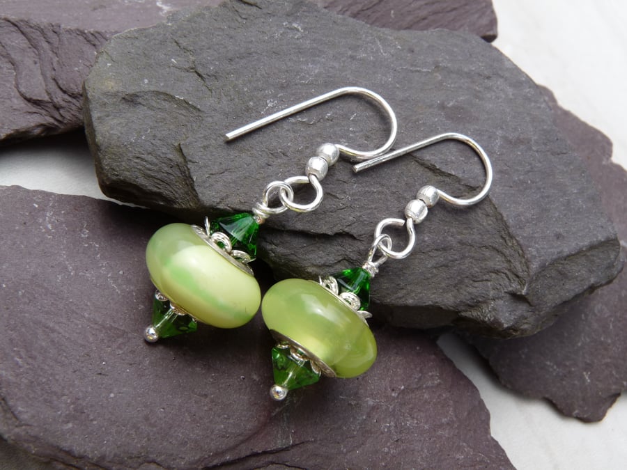 Green Glass Charm Bead Beaded Earrings, Boho Festival Charm Earrings 