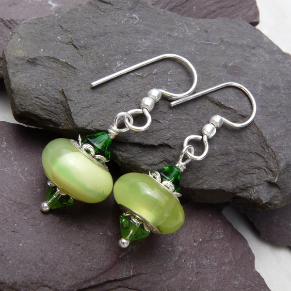 Green Glass Charm Bead Beaded Earrings, Boho Festival Charm Earrings 