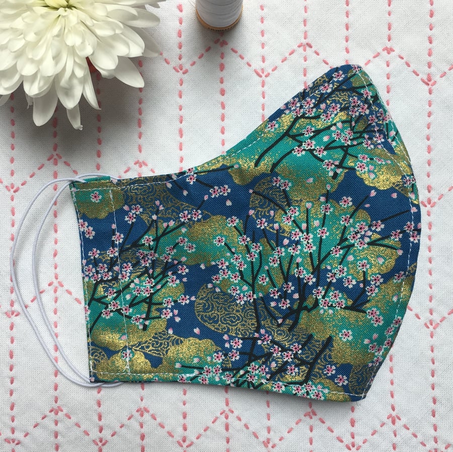 Turquoise Japanese Blossoms Cotton Face Mask Reusable Men Women Child