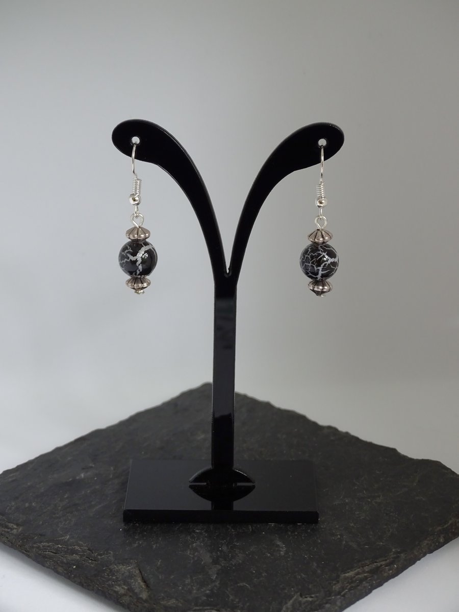 Mottled Black Glass Bead Earrings 