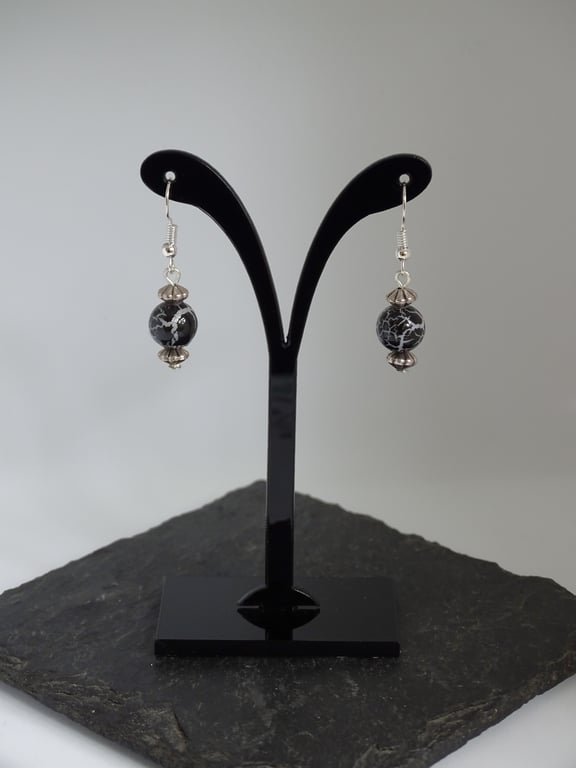 Mottled Black Glass Bead Earrings 
