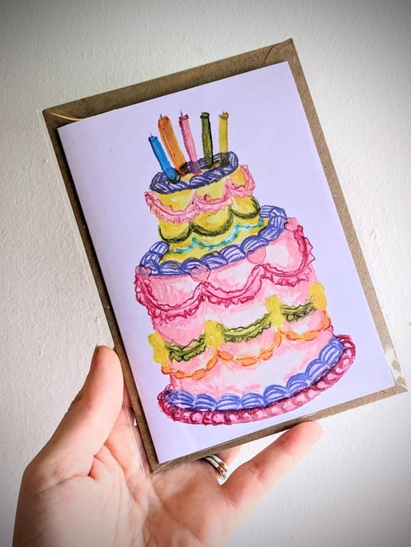 Hand-Illustrated Birthday Cake Greetings Card, Colourful Tiered Cake Card