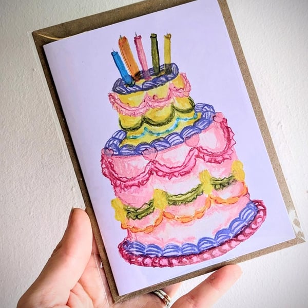 Hand-Illustrated Birthday Cake Greetings Card, Colourful Tiered Cake Card