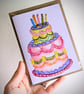 Hand-Illustrated Birthday Cake Greetings Card, Colourful Tiered Cake Card
