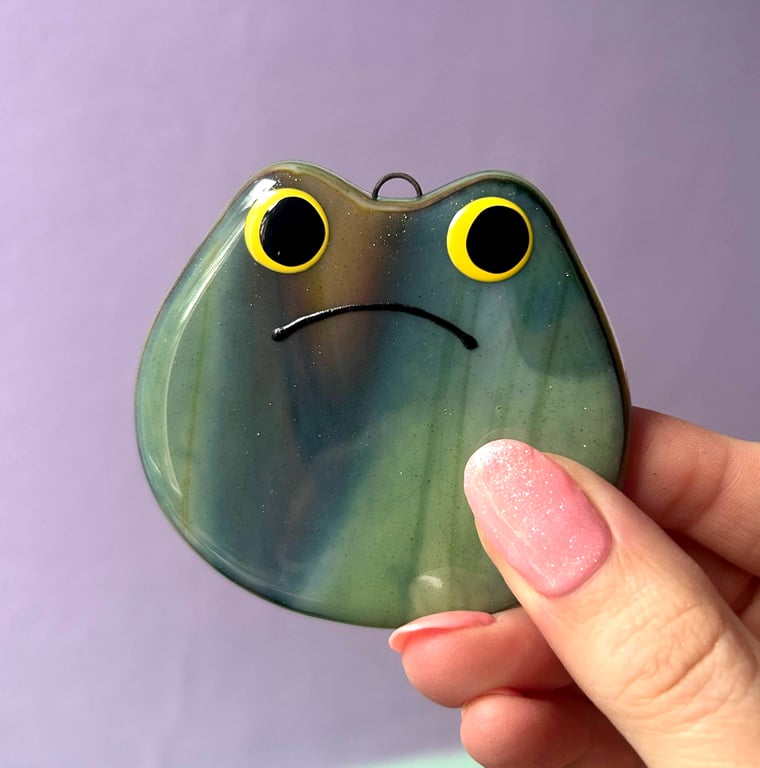 Fused Glass Froggy Family Hanging Decorations - Green and Amber Grump