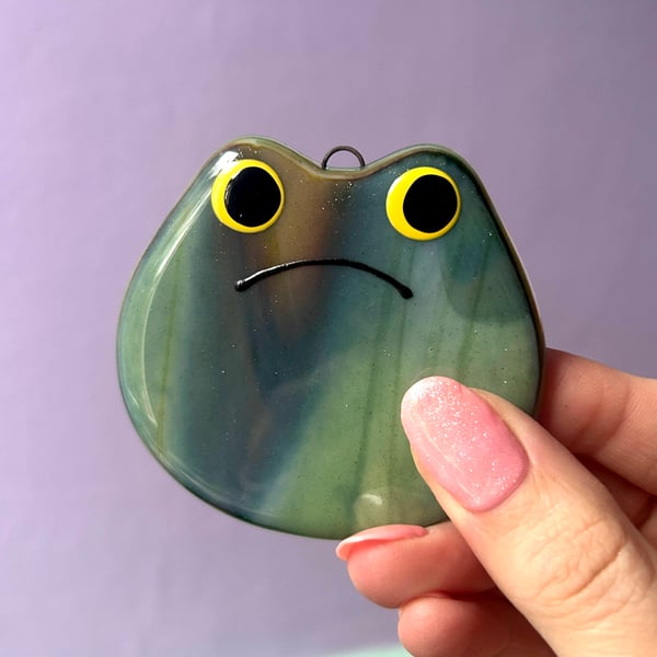 Fused Glass Froggy Family Hanging Decorations - Green and Amber Grump