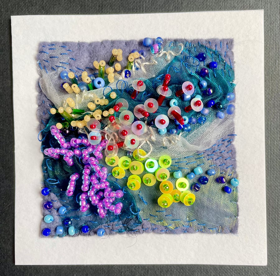 Hand bead embroidered 3 dimensional framed ocean coral reef piece 
